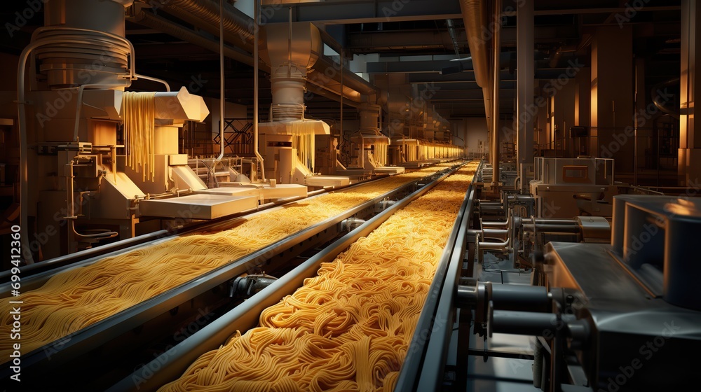 The pasta factory conveyor for pasta production of flour products. Technological production factory industrial work. Image about food.