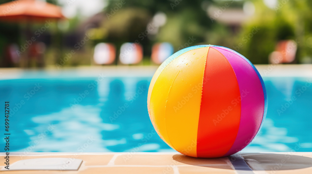 A bright, multicolored beach ball sits by the edge of a swimming pool, evoking summer fun and leisure activities.