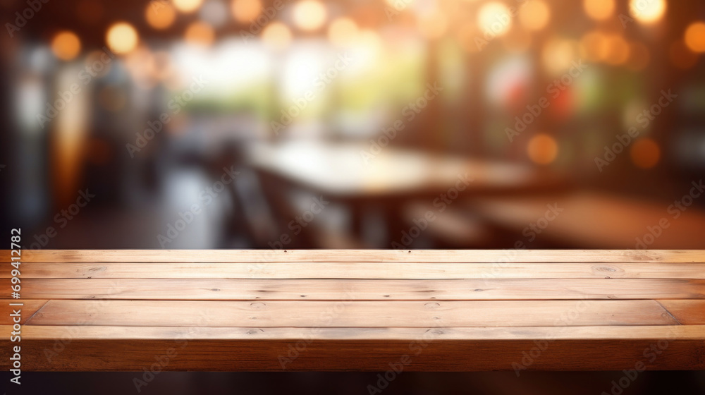 An inviting wooden table offers a blank canvas against a softly blurred cafe ambiance, perfect for food and beverage presentations. An inviting wooden table offers a blank canvas against a softly blurred cafe ambiance, perfect for food and beverage presentations.
