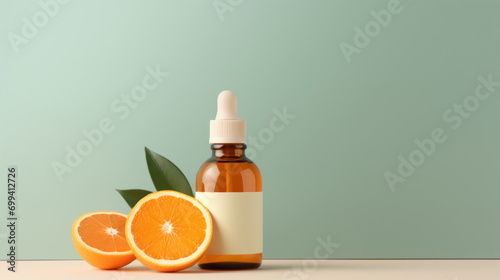 Therapeutic orange essential oil in a dropper bottle, complemented by sliced fresh oranges on a soft background. photo