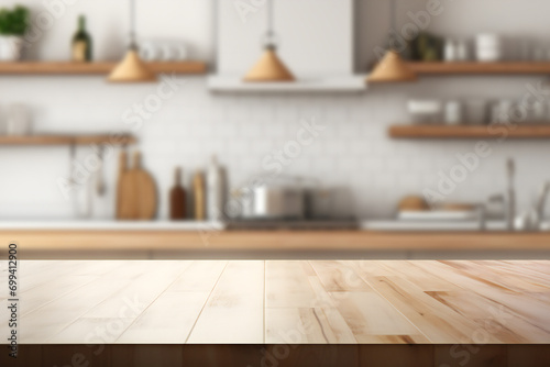 Empty wooden table countertop for product display with blurred kitchen background