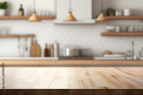 Empty wooden table countertop for product display with blurred kitchen background photo