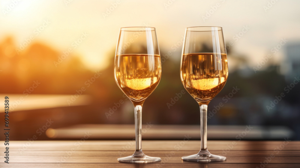 Two glasses of white wine gleam with the golden hues of sunset, perfect for a romantic evening outdoors.