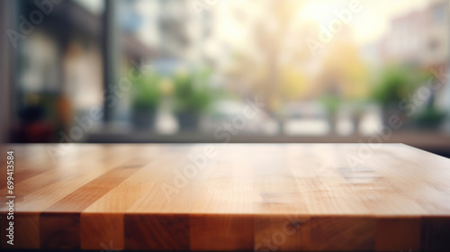 Warm-toned wooden tabletop with a blurred background, ideal for display or montage of product placement.