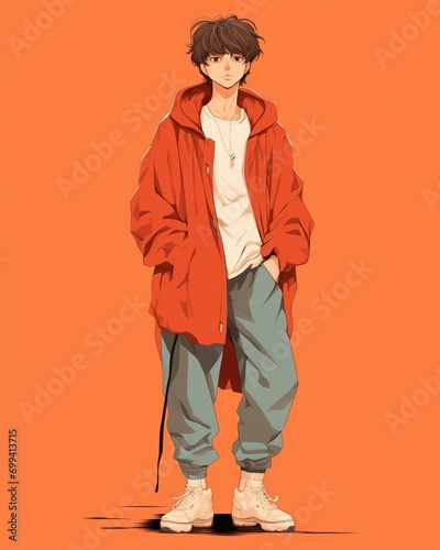 Illustration of a young man in a red jacket and jeans