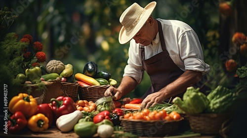 Anonymous chef harvesting fresh vegetables on a farm. Unidentified chef picking ripe vegetables in a lush organic farm surrounded by scenic landscapes