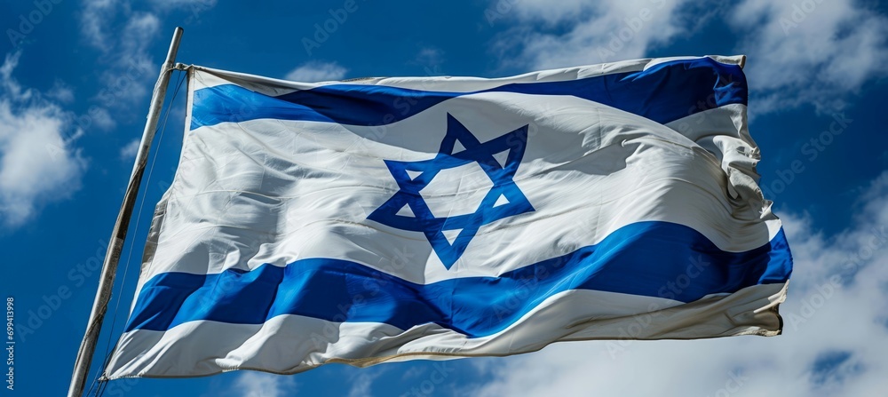 Israel flag on flagpole with blue sky background. Generative AI ...