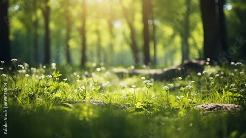 Defocused green trees in forest with wild grass and sun beams