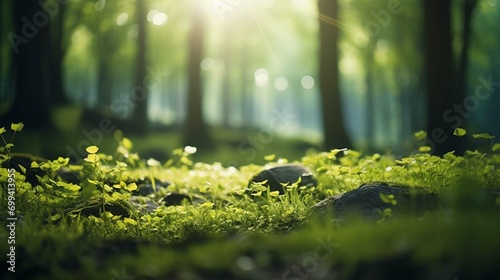 Defocused green trees in forest with wild grass and sun beams