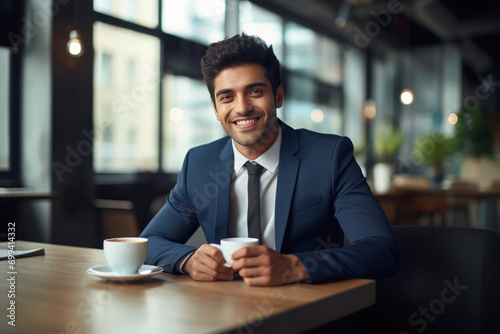 young indian businessman sitting at cafe and holding tea cup