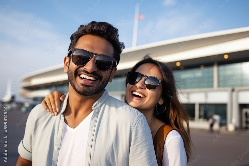 young indian couple taking selfie at the airport
