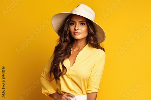 young indian woman wearing hat on yellow background