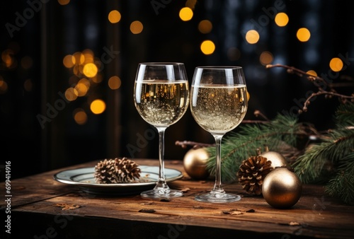 Intimate Festive Atmosphere with Champagne Glasses on Wooden Table