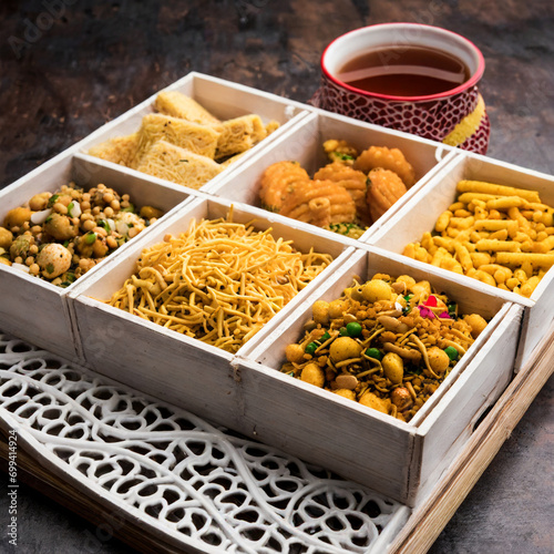 indian tea time snacks like sev, chivda, farsan, mixture, boondi, bakarwadi etc served in white wooden box with cells photo