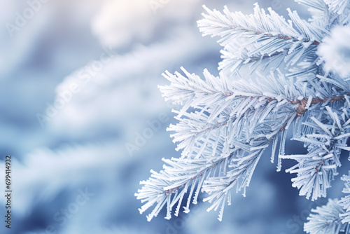 Close up of a frozen pine tree branch. Christmas wallpaper. New year background