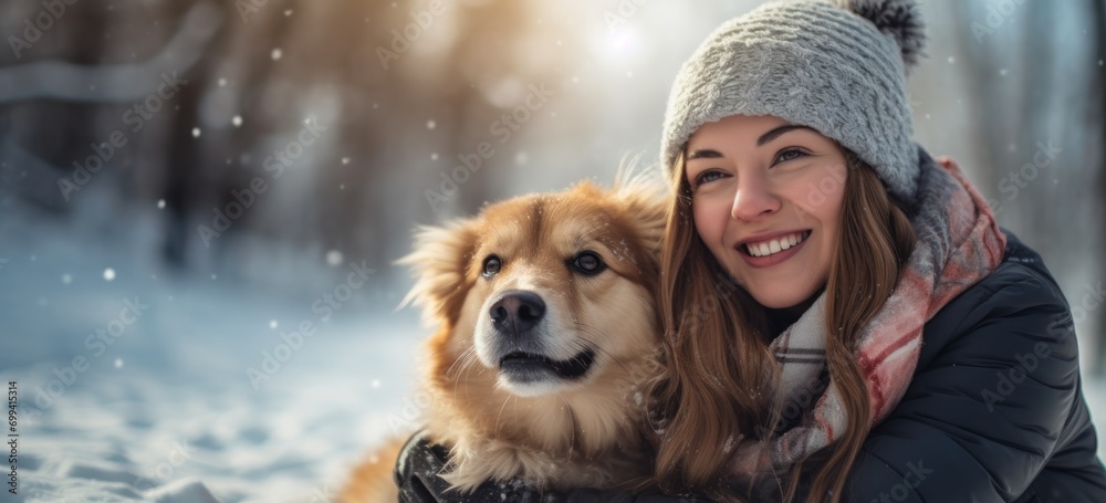 Smiling woman with dog enjoying winter scenery. Pet companionship and outdoor activities.