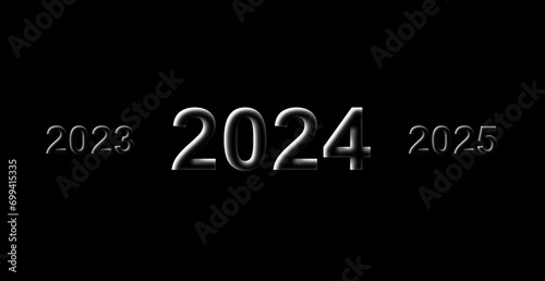 A timeline view of new year 2024 and earlier and future years isolated on a black background 
