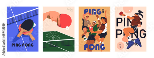 Ping-pong poster designs set. Table tennis tournament, championship, promotion flyer. Pingpong competition, indoor sport game, placards, cards backgrounds, vertical banners. Flat vector illustrations