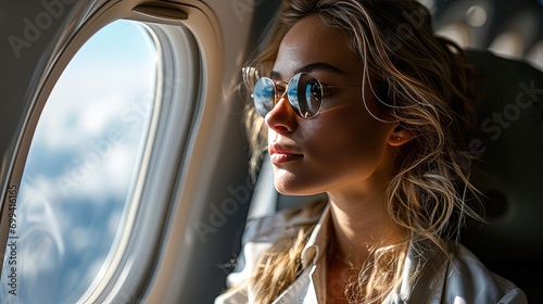 Businesswoman sitting in business class of a private jet, goes on a journey photo