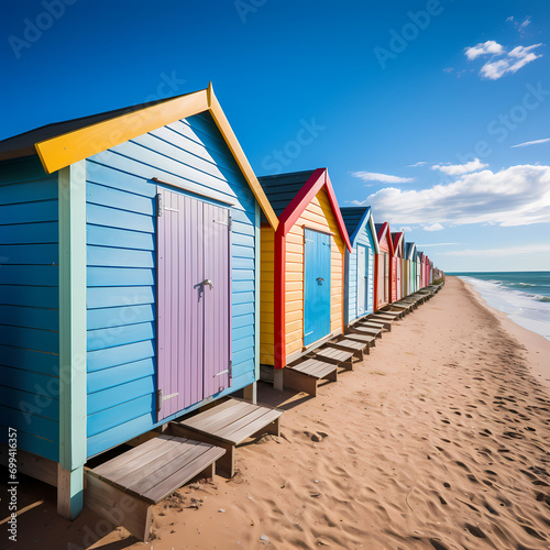Row of colorful beach huts against a blue sky. © Cao