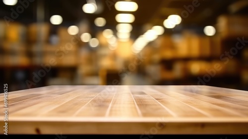 The empty wooden table top with blur background of factory. Exuberant image. generative AI photo