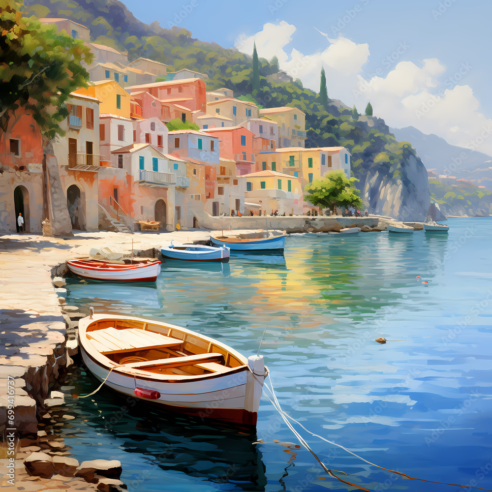 A tranquil coastal village with colorful fishing boats.