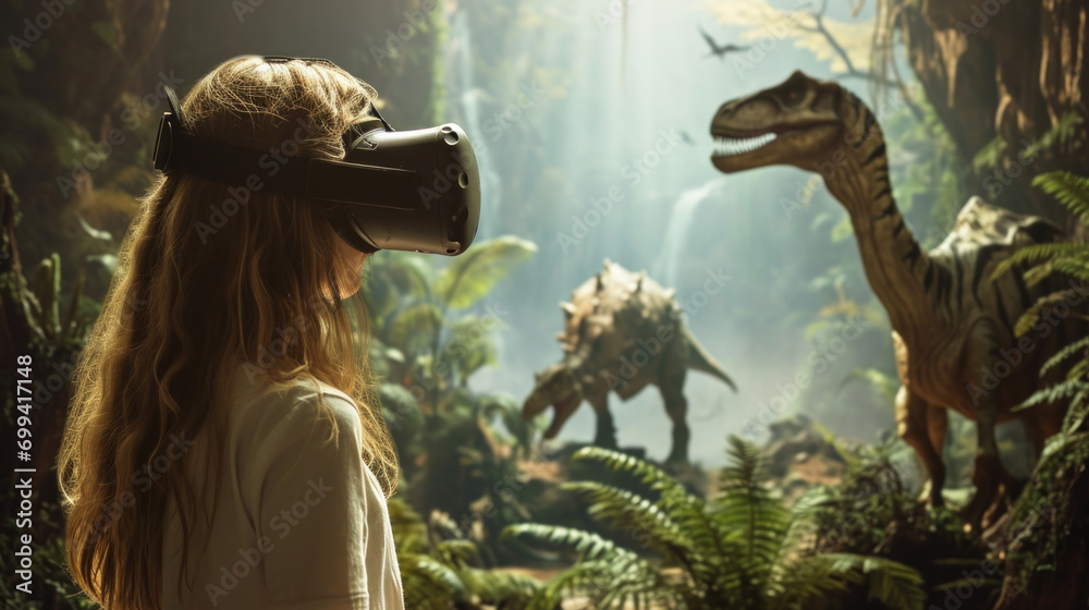 Obraz premium Young woman wearing a virtual reality headset using it to visualize a prehistoric world with real dinosaurs, game technology concept