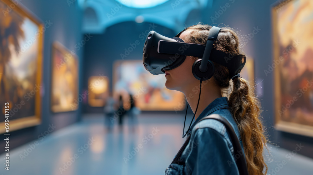 Young woman wearing a virtual reality headset using it to visualize a museum art gallery with paintings, virtual museum tour concept Young woman wearing a virtual reality headset using it to visualize a museum art gallery with paintings, virtual museum tour concept