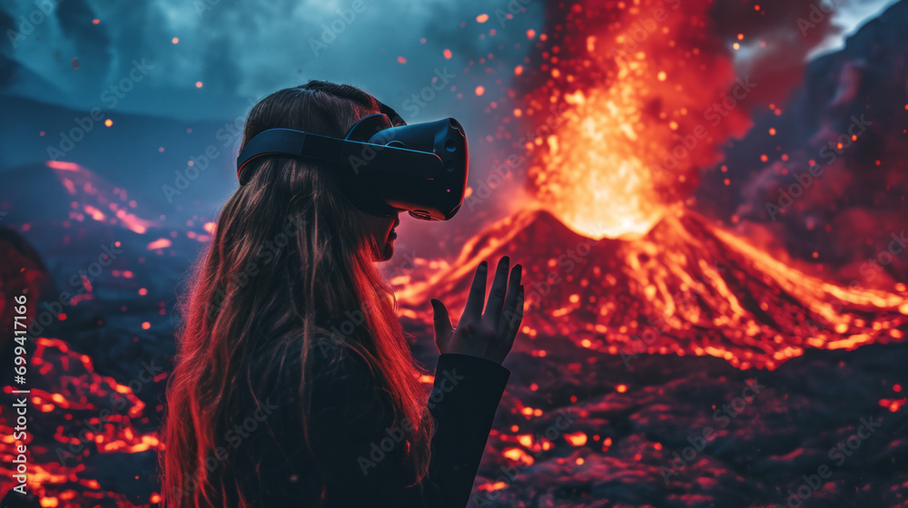 Young woman wearing a virtual reality headset using it to visualize a volcano in eruption with hot magma, VR vulcanologist concept Young woman wearing a virtual reality headset using it to visualize a volcano in eruption with hot magma, VR vulcanologist concept