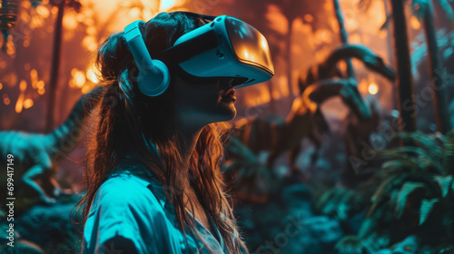 Young woman wearing a virtual reality headset using it to visualize a prehistoric world with real dinosaurs, game technology concept photo