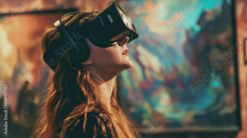 Young woman wearing a virtual reality headset using it to visualize a museum art gallery with paintings, virtual museum tour concept photo