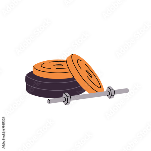 Barbell for weightlifting. Stack of weight plates with iron stick for strength training. Heavy discs for powerlifting exercise. Sport equipment. Flat isolated vector illustration on white background
