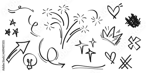 Hand drawn set of doodle emphasis design elements. Crown, love, arrow. curly swishes, swoops, swirl, arrow, heart, star, sparkle, firework. used for infographic concept design