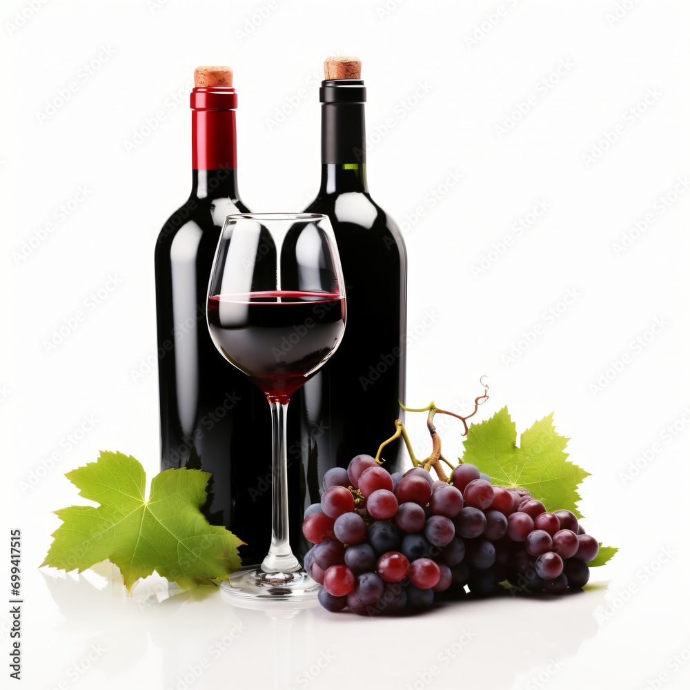 3d render Red wine bottle glasses and grapes isolated generative AI
