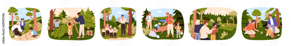 Children and adults in forest set. Kids, parents in nature on summer holiday, studying environment. Outdoor leisure, scouting, adventure. Flat graphic vector illustration isolated on white background