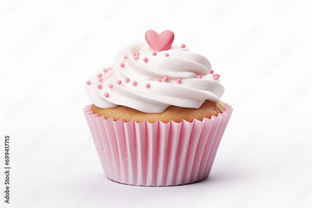 Valentine's Day Theme Cupcake with Pink Heart Topper and Pink Sprinkles on White Background