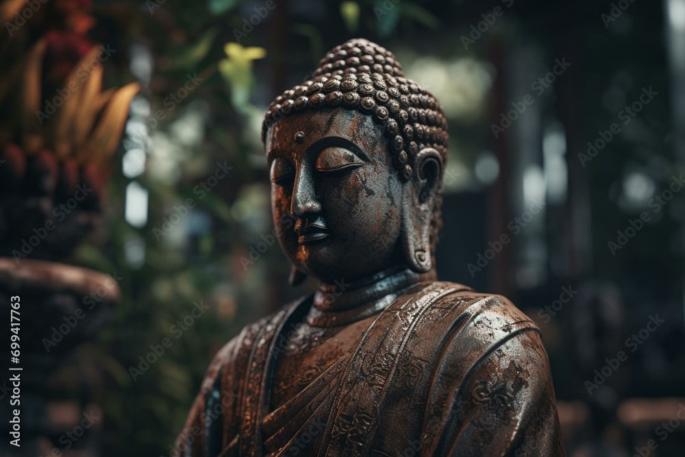 Illustrations of old Buddha statue in impressionist style. Generative AI