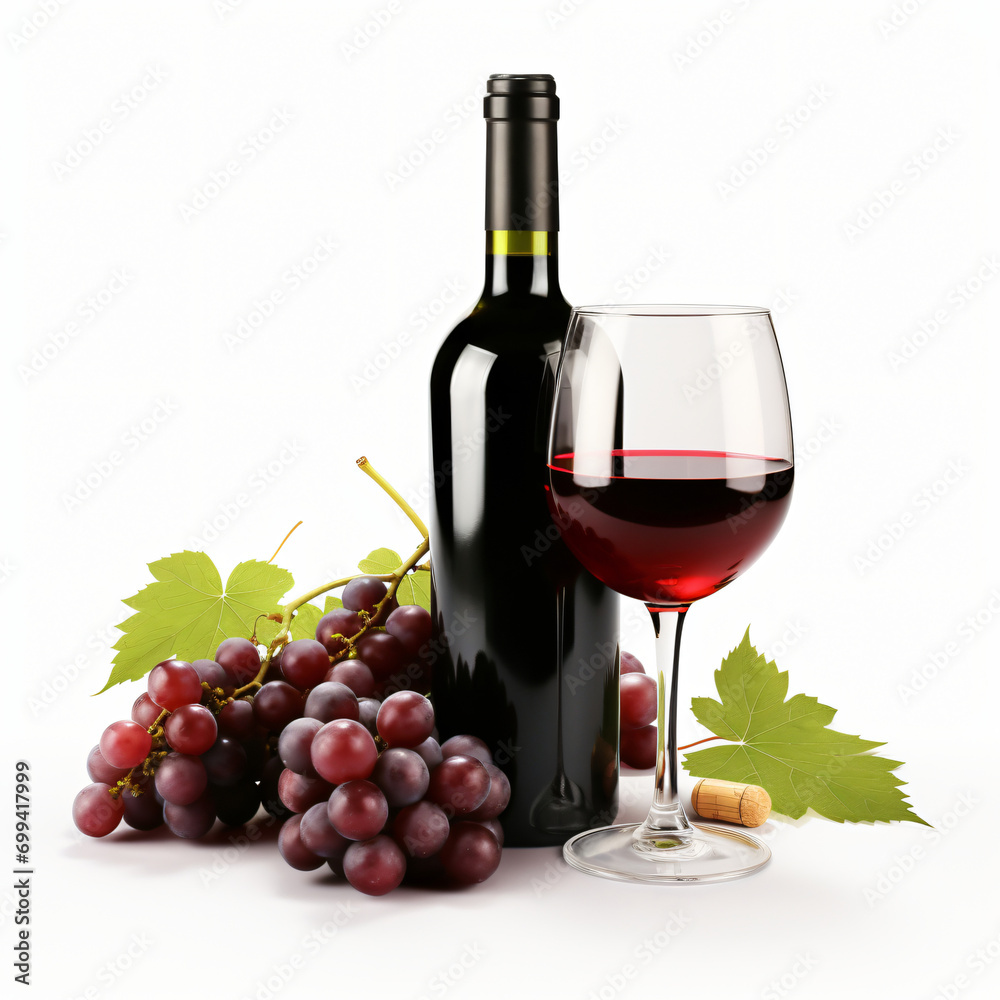 3d render Red wine bottle glasses and grapes isolated generative AI