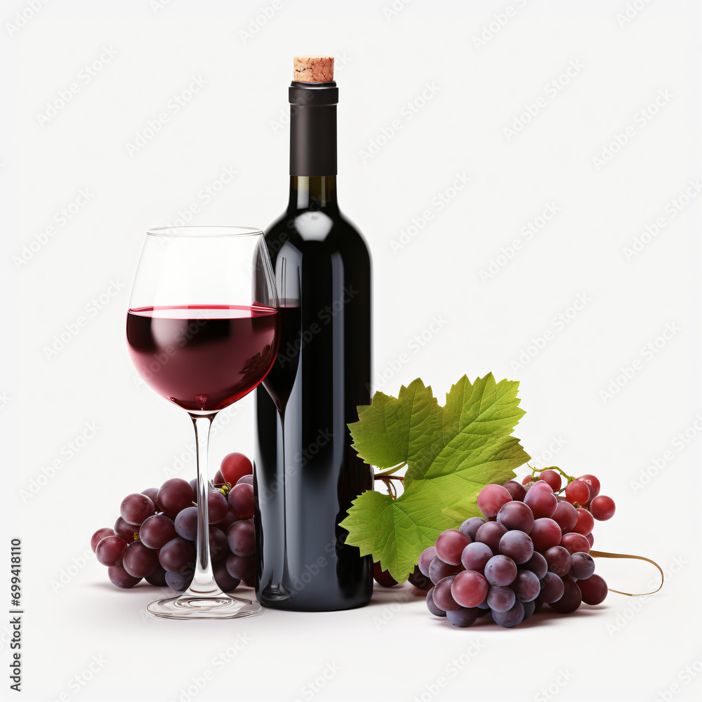 3d render Red wine bottle glasses and grapes isolated generative AI