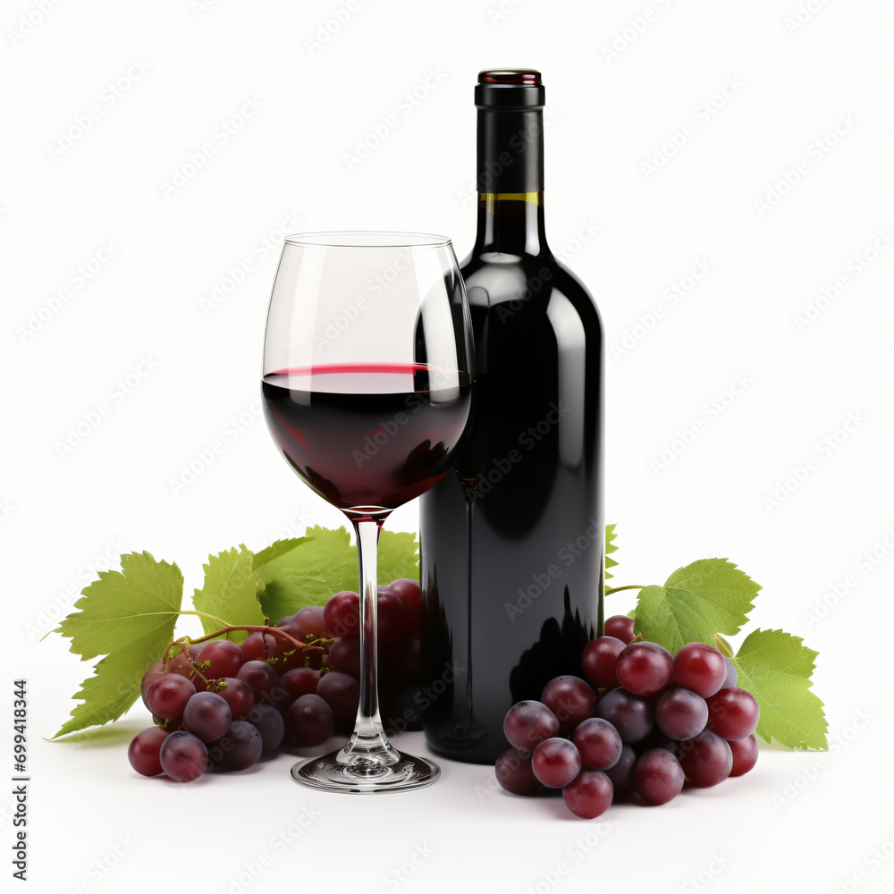 3d render Red wine bottle glasses and grapes isolated generative AI