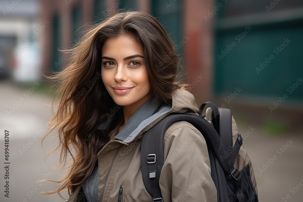 Young and beautiful female traveler with backpack
