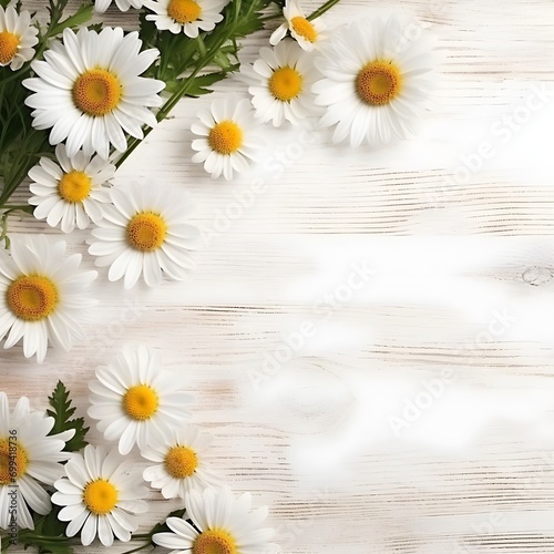 Daisy Flowery border with white wooden copy-space blank surface