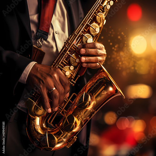 Close-up of a musicians hands playing a saxophone