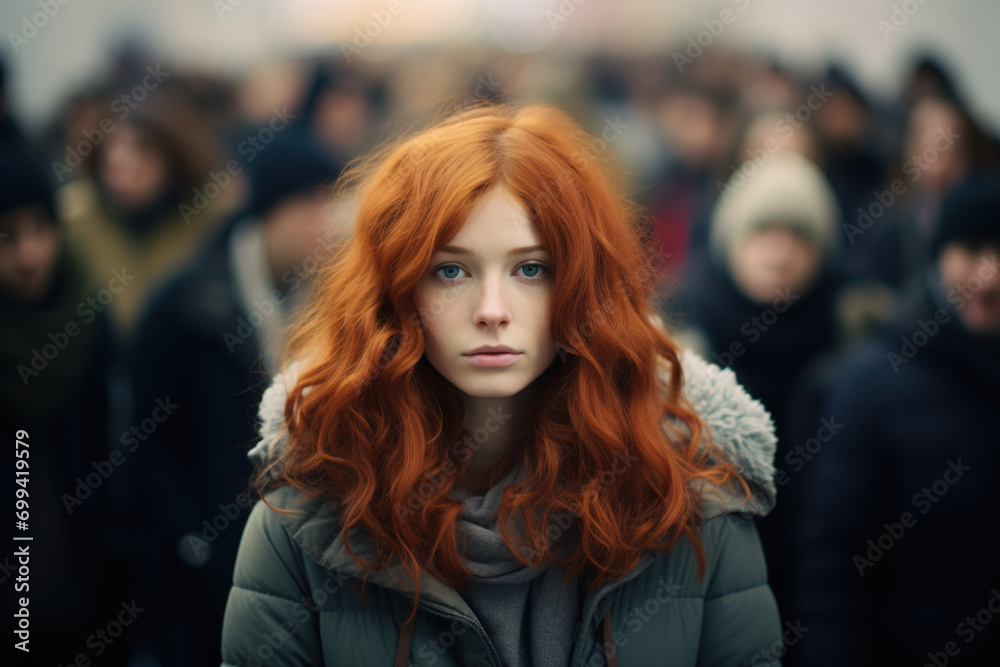 Women's psychology problem, loneliness in society. Lonely unhappy young woman standing in a crowd of people and looking at the camera Women's psychology problem, loneliness in society. Lonely unhappy young woman standing in a crowd of people and looking at the camera