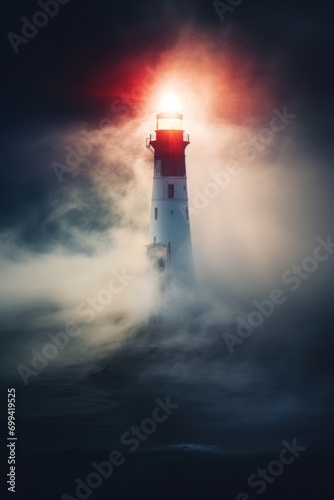Lighthouse in a foggy sea show the direction - loneliness and hope concept. Rays of light from light house reflecting through fog in dark.