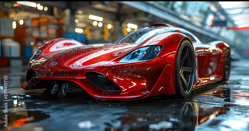 a  red concept futuristic sports car in the street © Yi_Studio