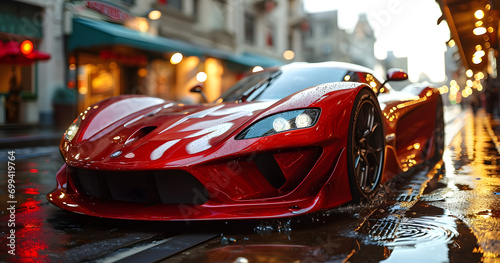 a  red concept futuristic sports car in the street photo