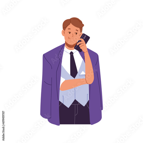 Business employee talk by smartphone. Businessman chat by mobile phone call. Happy young man, office worker in suit communicate using telephone. Flat isolated vector illustration on white background
