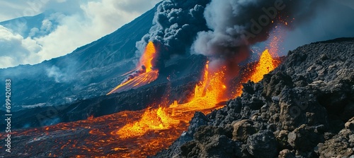 Lava flow mountain eruption. Generative AI technology. 