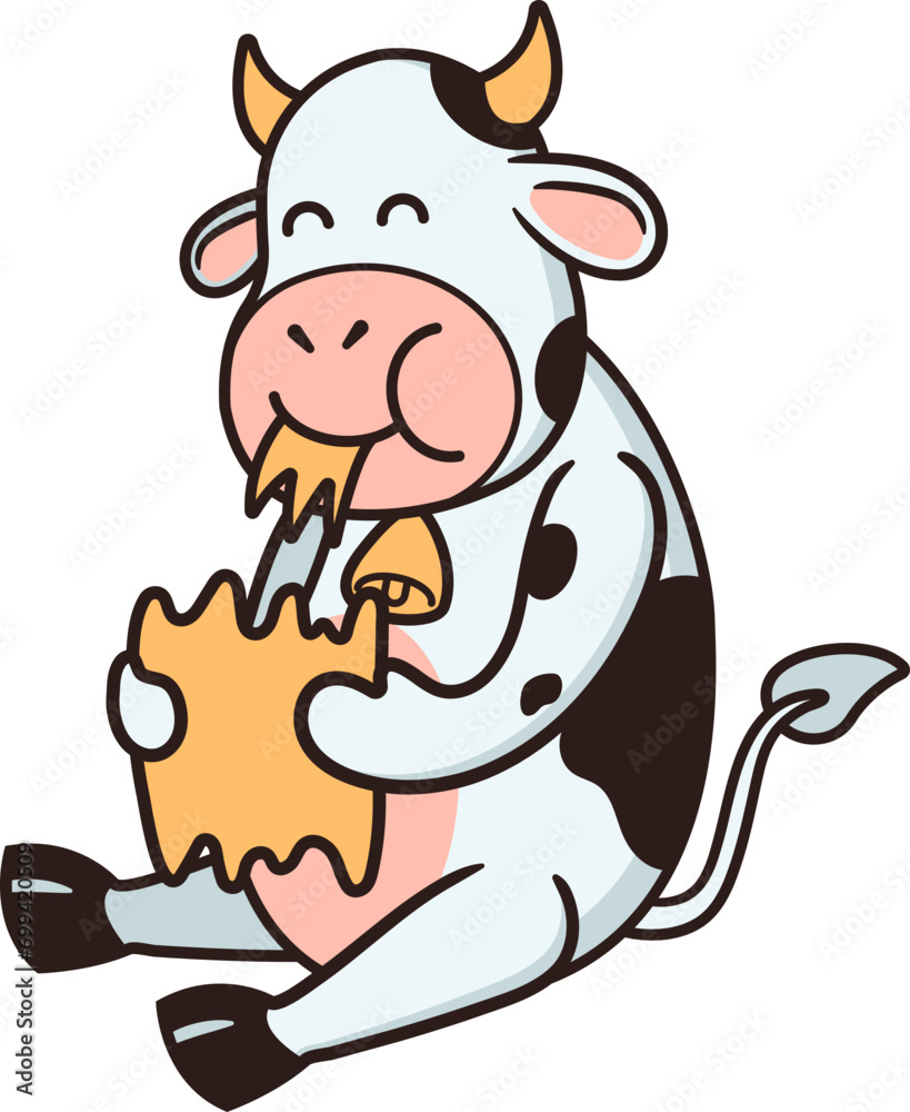 Kawaii Chibi Cow Sitting While Eating Straw Happily Kawaii Chibi Cow Sitting While Eating Straw Happily